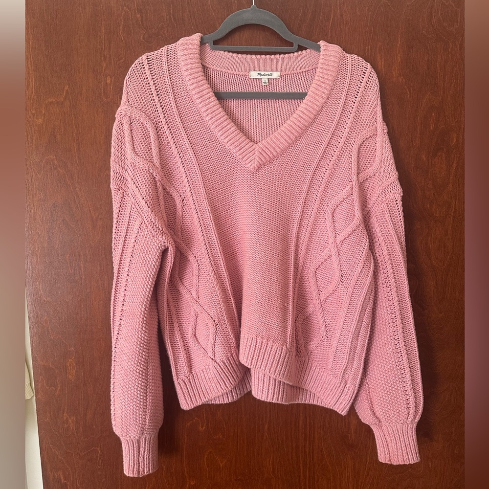 Madewell V-Neck Pink Cable-Knit Sweater